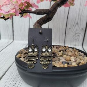 Burnished Metal Owl Earrings Highly Detailed W/ Rhinestone Eyes